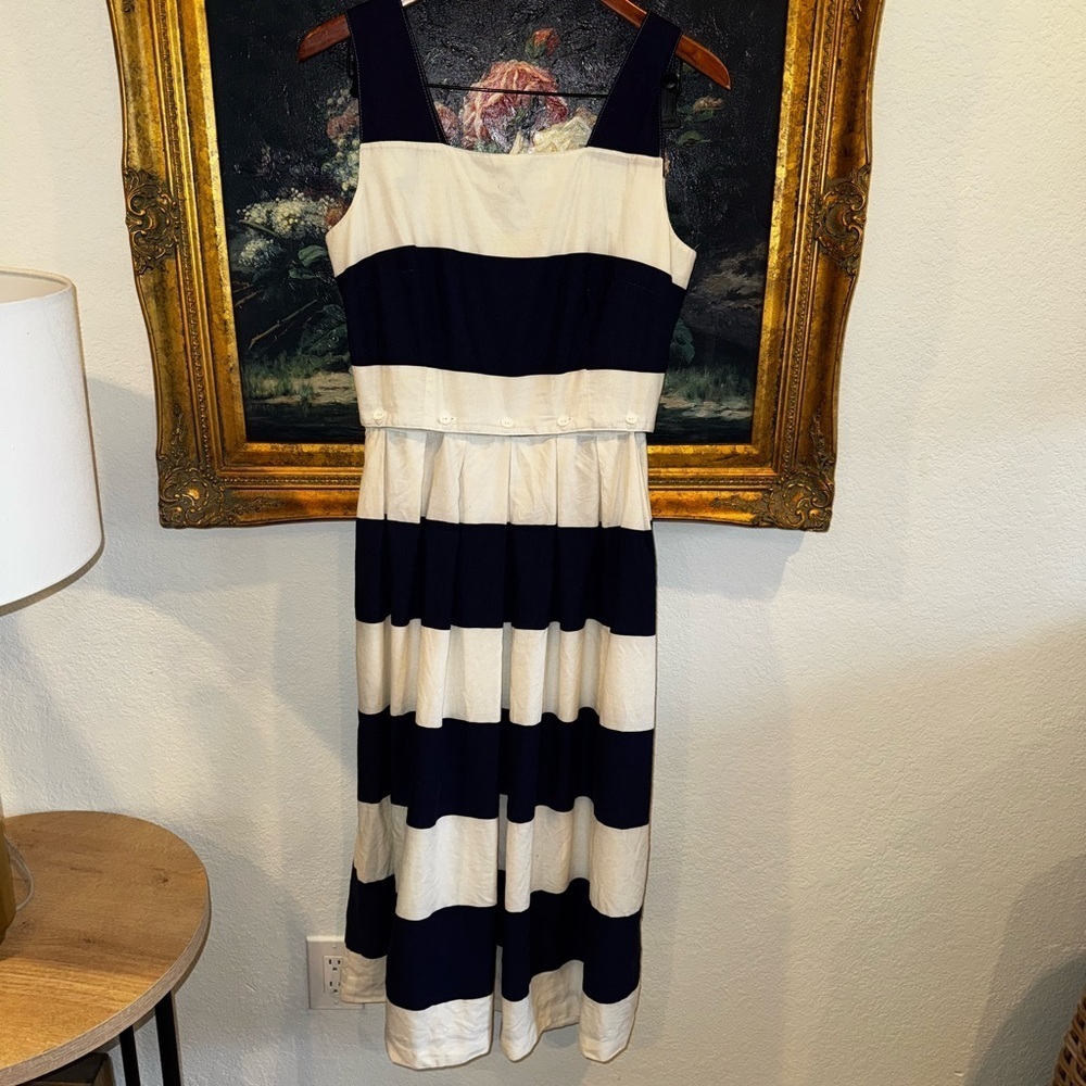 Lanz Originals USA VINTAGE Navy Striped Midi Dress Button Accents Size M - Picture 3 of 10